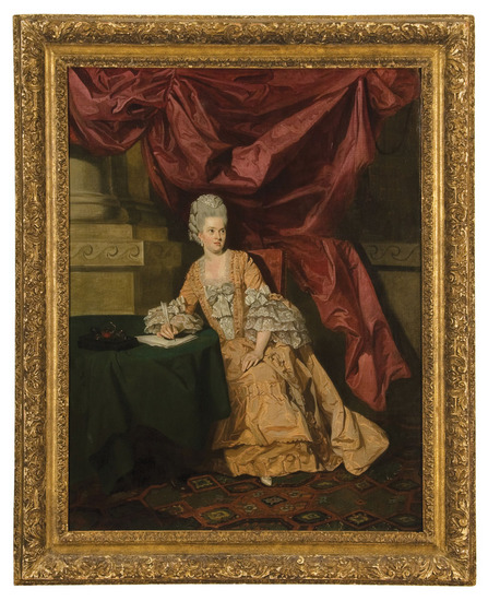 Johann Zoffany (1733 - 1810). Portrait of Mrs. Thrale in a yellow dress at a writing table.